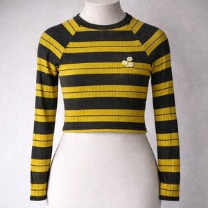 Urban Outfitters Emerson Striped Crop Top Yellow Black Sz S Embroidered Flower